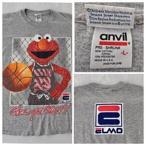 Vintage 90s Sesame Street Elmo Jordan Shirt Mens L FILA Parody Anvil Red Bar USA